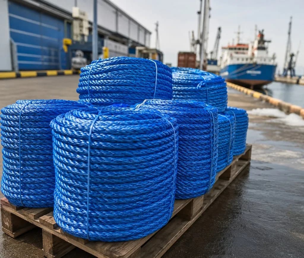 Blått fortøyningstau og fortøyningstrosser på pall ved kai – Lie Marine Systems
