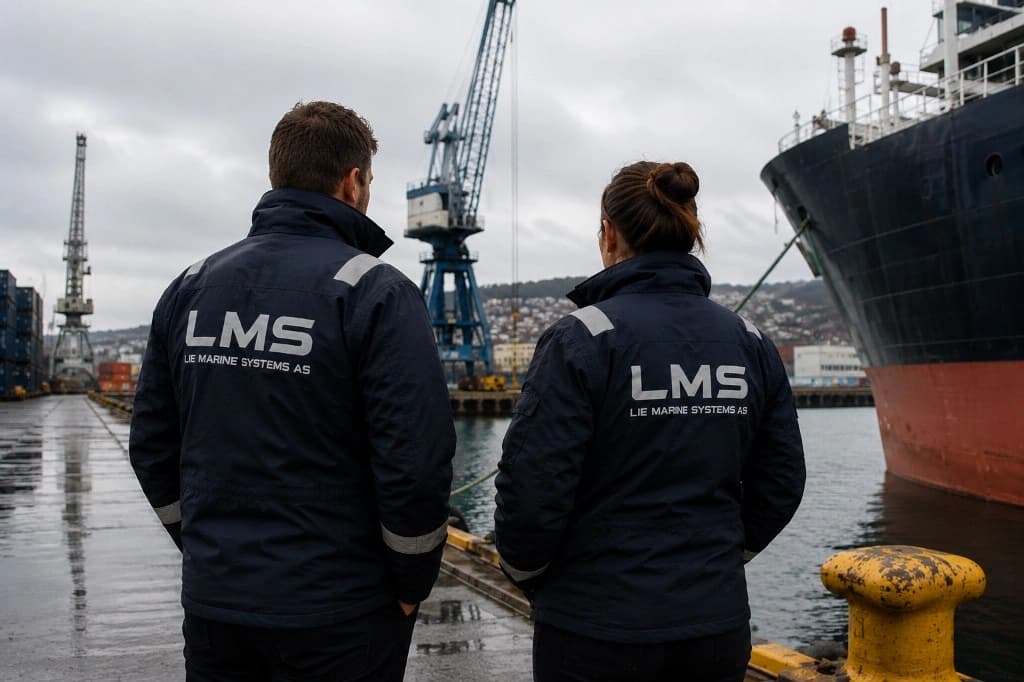 Lie Marine Systems-team i LMS-jakker som ser utover kommersiell havn med fartøy, kraner og fortøyningsutstyr