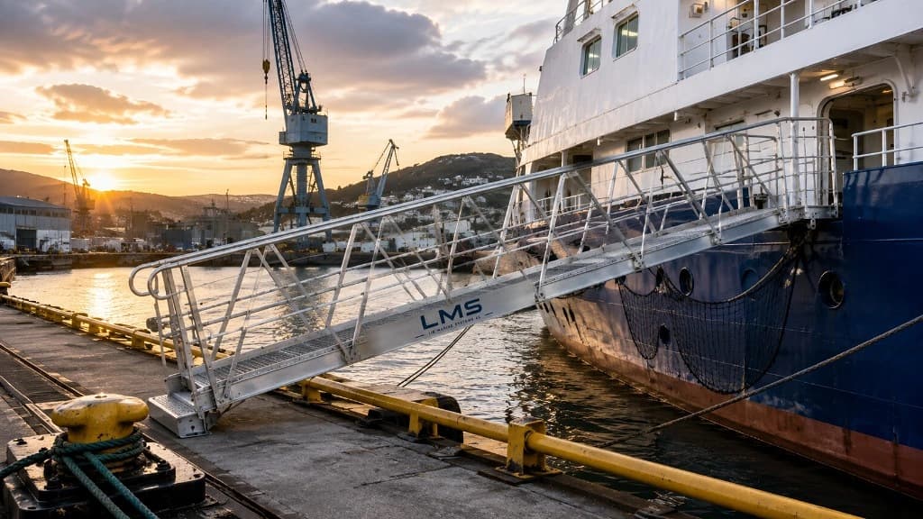 LMS aluminiumslandgang mellom kommersielt fartøy og industriell kai i solnedgang med verftskraner i bakgrunnen