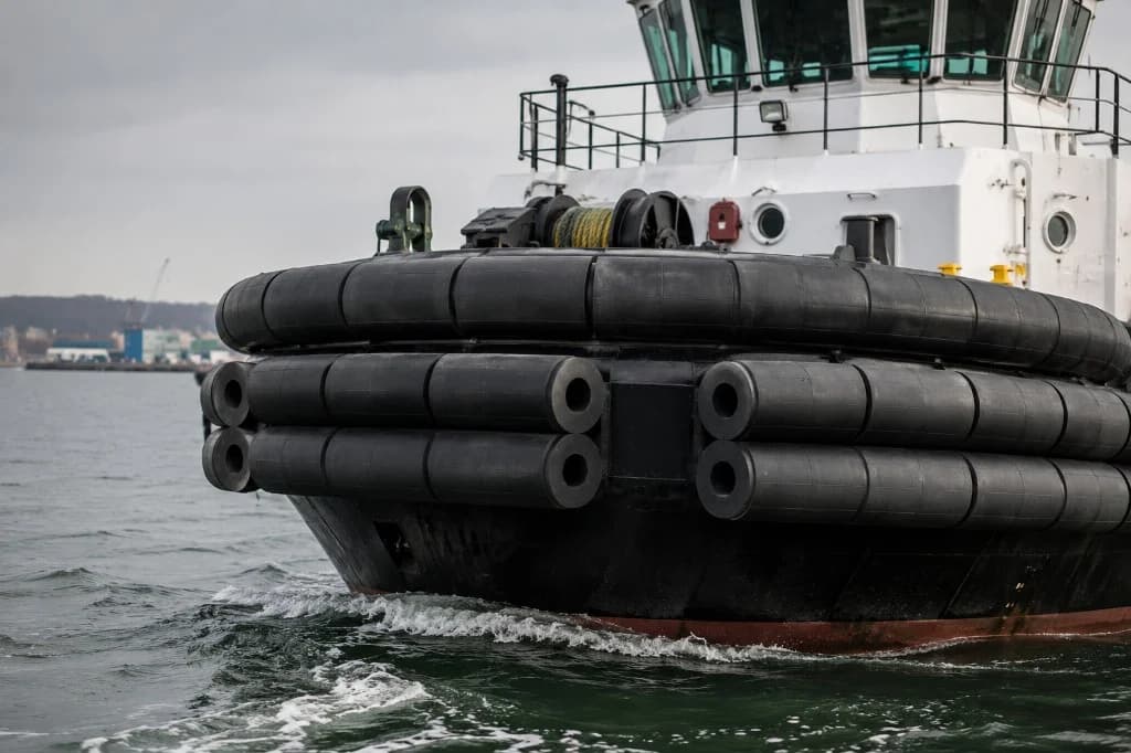 Tugboat-fendere montert på baugen av en slepebåt